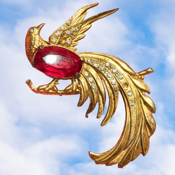 Vintage 1940 red & gold faceted rare crystal Gold plate bird of Paradise - Picture 7 of 16